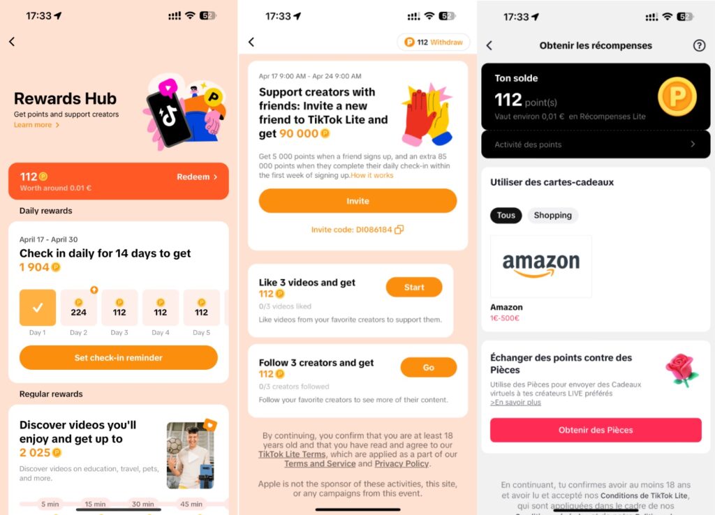 TikTok Lite permet ensuite de convertir ses points en chèque Amazon. TikTok Lite permet ensuite de convertir ses points en chèque Amazon.
