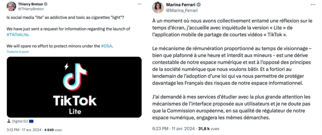 Les tweets de Thierry Breton et Marina Ferrari sur TikTok Lite. Les tweets de Thierry Breton et Marina Ferrari sur TikTok Lite.