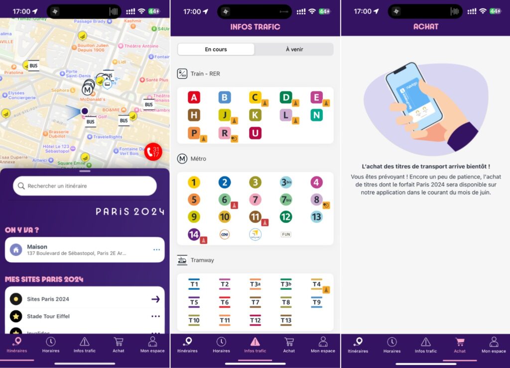L'interface de Transport Public Paris 2024 est globalement identique à celle des autres applis IdFM. L'onglet Achat, encore inactif, sera activé mi-juin. L'interface de Transport Public Paris 2024 est globalement identique à celle des autres applis IdFM. L'onglet Achat, encore inactif, sera activé mi-juin.