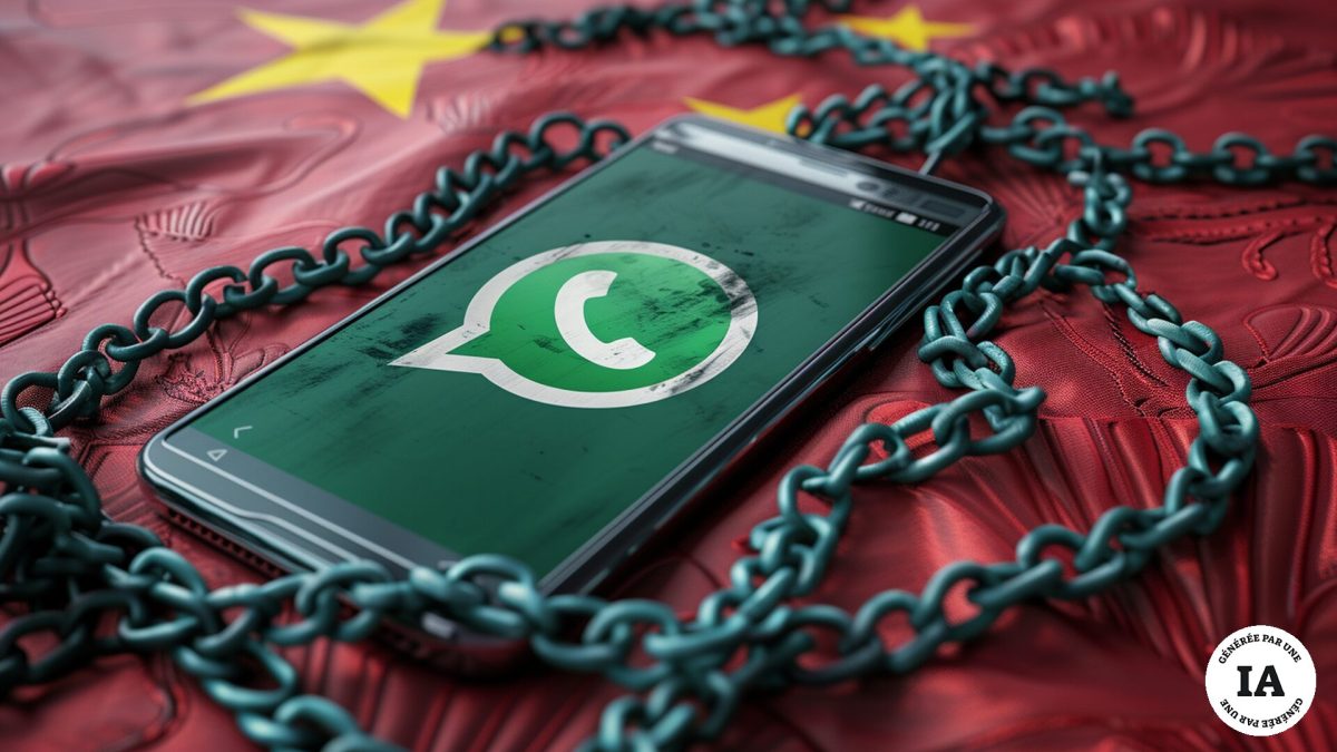 Le logo de WhatsApp sur un téléphone censuré en Chine. // Source : Numerama avec Midjourney Le logo de WhatsApp sur un téléphone censuré en Chine. // Source : Numerama avec Midjourney
