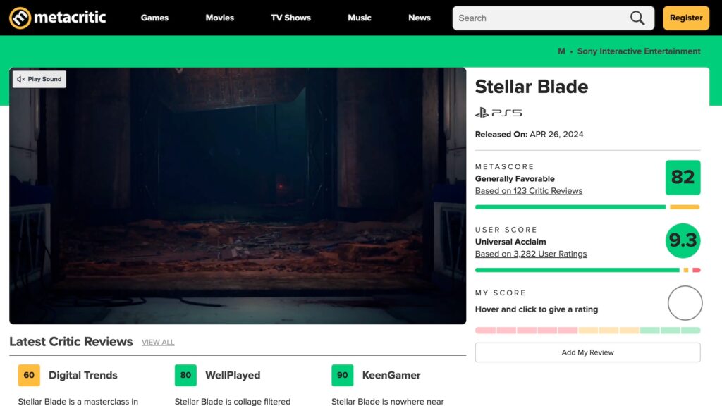 Stellar Blade sur Metacritic // Source : Capture d'écran Stellar Blade sur Metacritic // Source : Capture d'écran