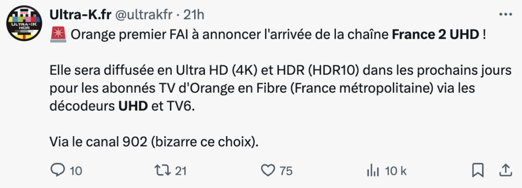Ultra-K, notre source préférée sur les diffusions 4K, a repéré l'arrivée de France 2 UHD chez Orange. Ultra-K, notre source préférée sur les diffusions 4K, a repéré l'arrivée de France 2 UHD chez Orange.