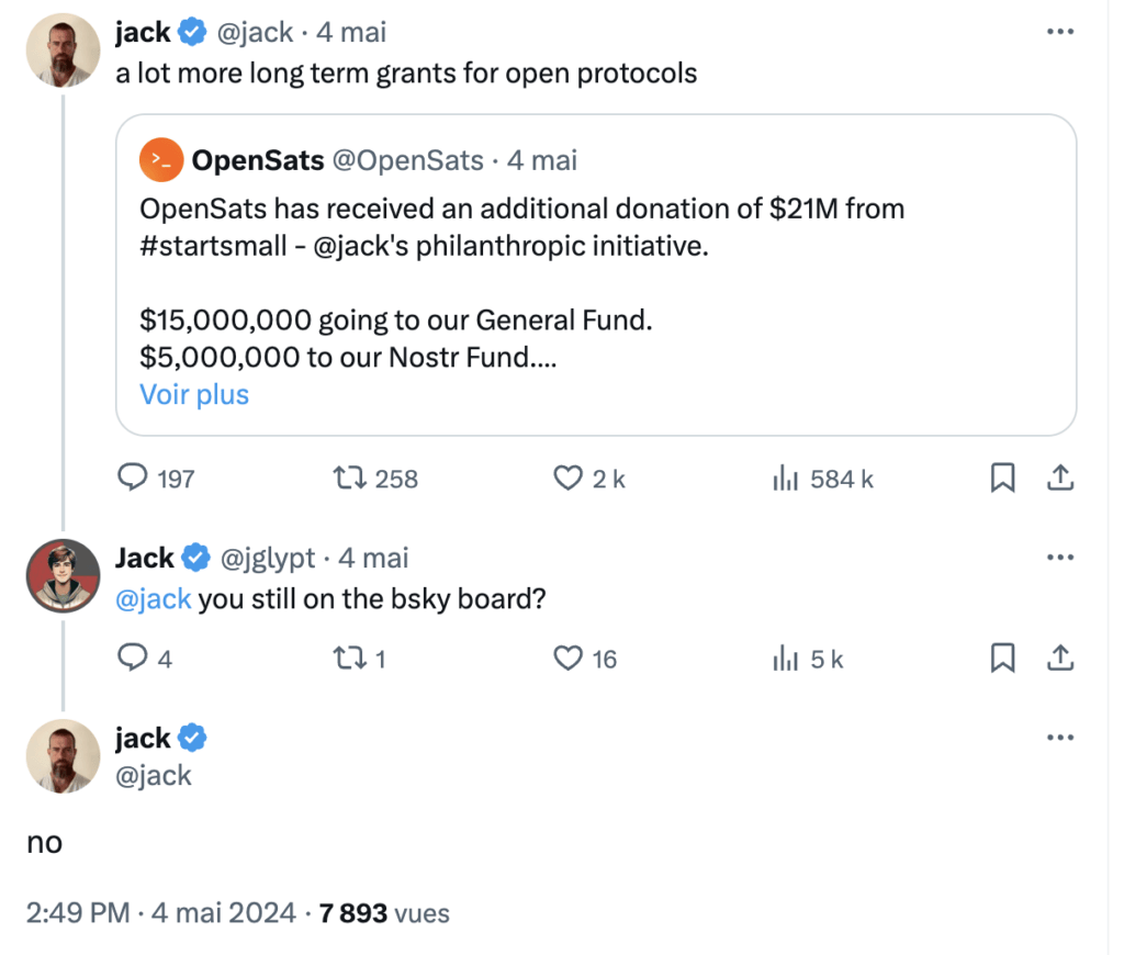 Interrogé par un internaute sur son implication dans Bluesky, Jack Dorsey annonce son départ. Interrogé par un internaute sur son implication dans Bluesky, Jack Dorsey annonce son départ.