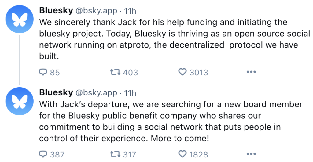 Bluesky confirme le départ de Dorsey. Bluesky confirme le départ de Dorsey.