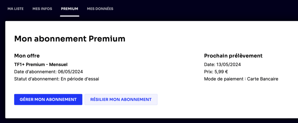 L'encart mon abonnement premium sur tf1.fr L'encart mon abonnement premium sur tf1.fr