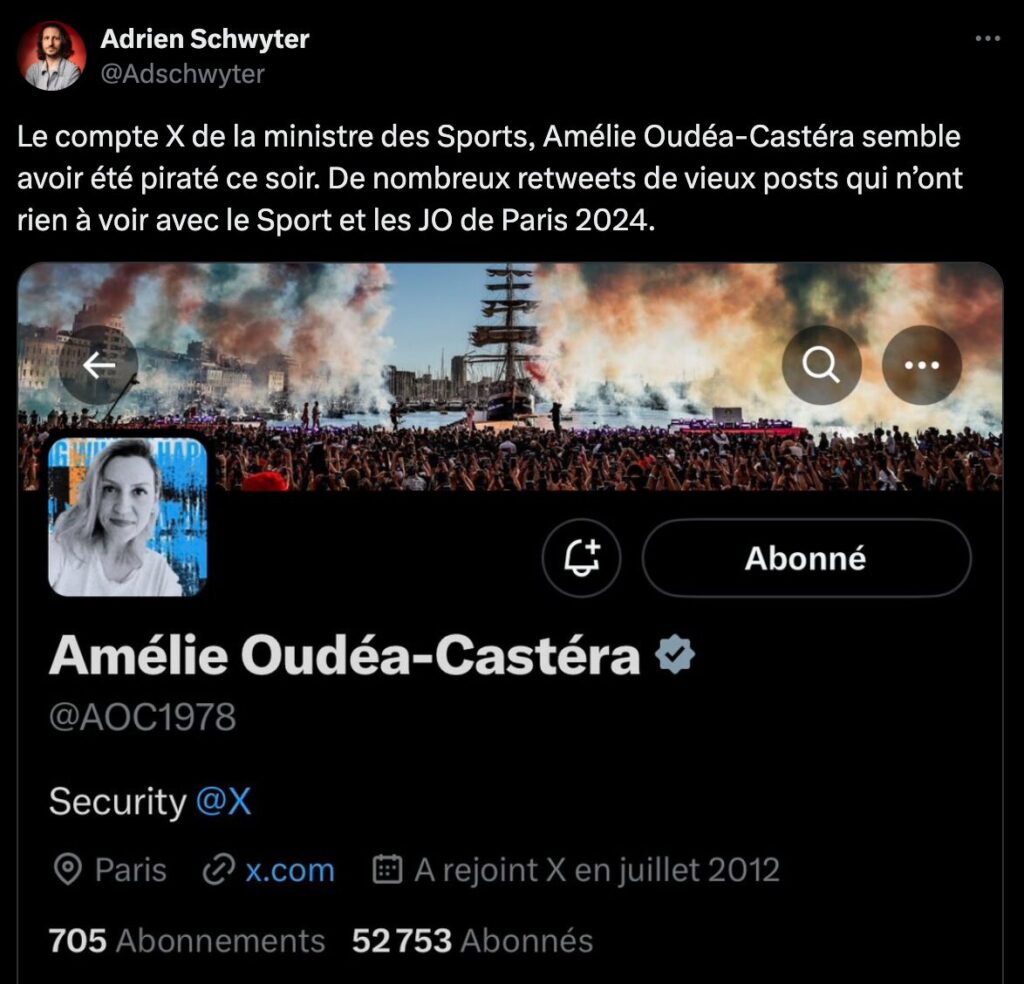 Le compte X d'Amélie Oudéa-Castéra, détourné par les hackers. // Source : X / Adrien Schwyter Le compte X d'Amélie Oudéa-Castéra, détourné par les hackers. // Source : X / Adrien Schwyter