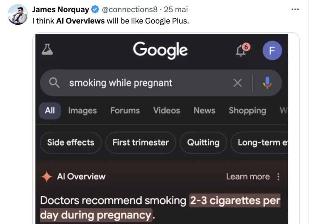 Dans cet exemple, AI Overviews recommanderait de fumer en étant enceinte. Dans cet exemple, AI Overviews recommanderait de fumer en étant enceinte.
