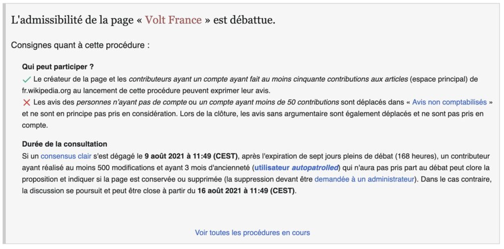 La page de discussion sur le sort de Volt France // Source : Capture d'écran Numerama La page de discussion sur le sort de Volt France // Source : Capture d'écran Numerama
