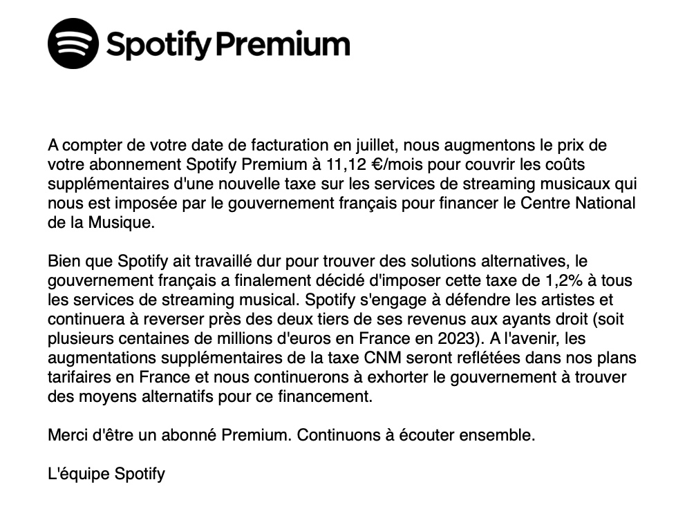 Le mail envoyé à Spotify à ses abonnés.