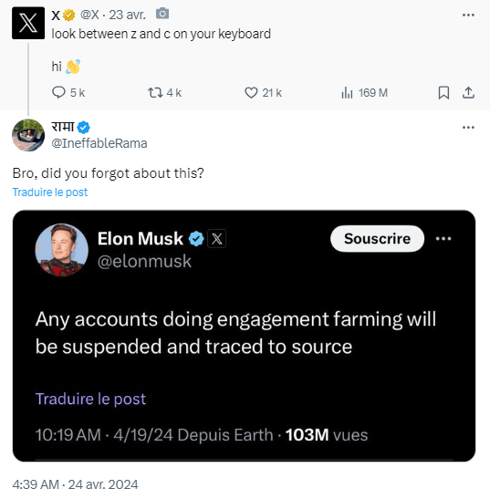 Elon Musk pris en flagrant délit d'engagement farming // Source : Capture Numerama Elon Musk pris en flagrant délit d'engagement farming // Source : Capture Numerama