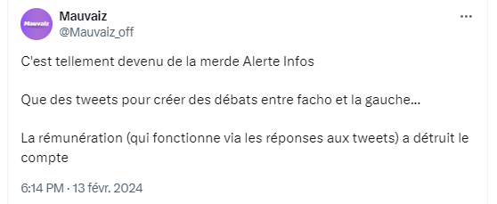 Une X'os se plaint de la baisse de qualité informationnelle du compte AlertesInfos sur X // Source : Capture Numerama Une X'os se plaint de la baisse de qualité informationnelle du compte AlertesInfos sur X // Source : Capture Numerama