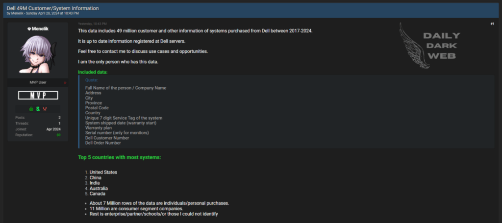 La revendication de cyberattaque sur un forum de hackers. // Source : Daily Dark Web La revendication de cyberattaque sur un forum de hackers. // Source : Daily Dark Web