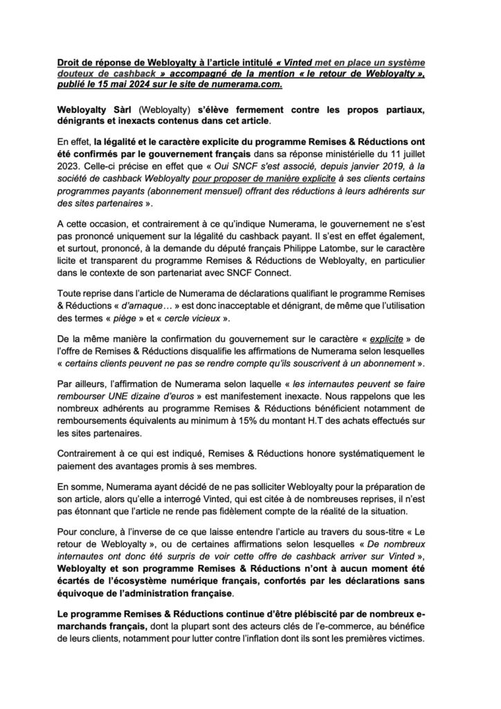 Droit de réponse de Webloyalty Droit de réponse de Webloyalty