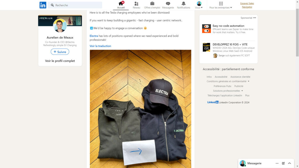 Offre d'Electra aux employés Tesla // Source : capture linkedin Offre d'Electra aux employés Tesla // Source : capture linkedin