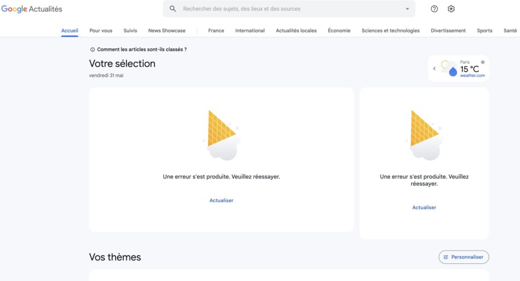 Google Actualité semblait ne plus fonctionner le 31 mai 2024 à 15h20 Google Actualité semblait ne plus fonctionner le 31 mai 2024 à 15h20