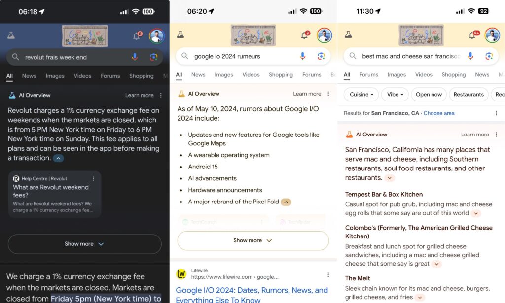 AI Overviews : quelques exemples de recherches résumées par l'IA. Les pages apparaissent très loin en dessous. // Source : Captures Numerama AI Overviews : quelques exemples de recherches résumées par l'IA. Les pages apparaissent très loin en dessous. // Source : Captures Numerama