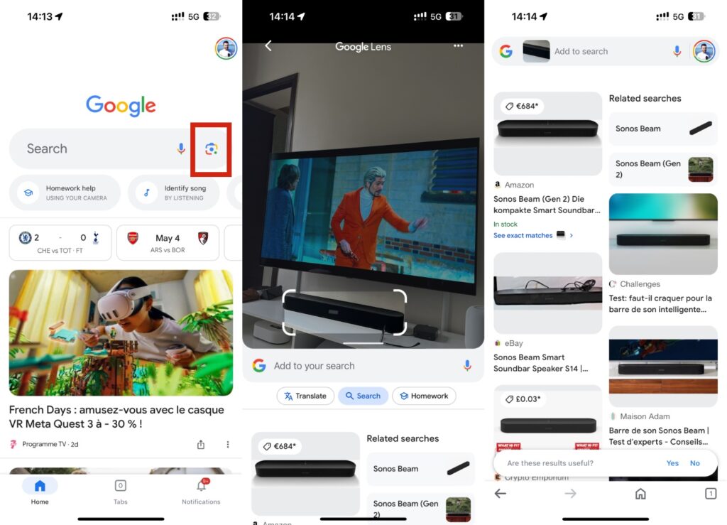Google Lens sur iOS. Il reconnaît ici la marque de la barre de son. Google Lens sur iOS. Il reconnaît ici la marque de la barre de son.