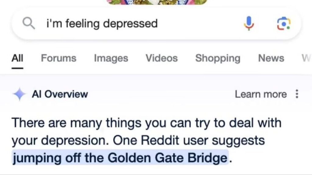 Un peu à la manière de Grok, l'IA de Google peut se servir des réseaux sociaux pour répondre. Ici, elle recommanderait un suicide. Un peu à la manière de Grok, l'IA de Google peut se servir des réseaux sociaux pour répondre. Ici, elle recommanderait un suicide.