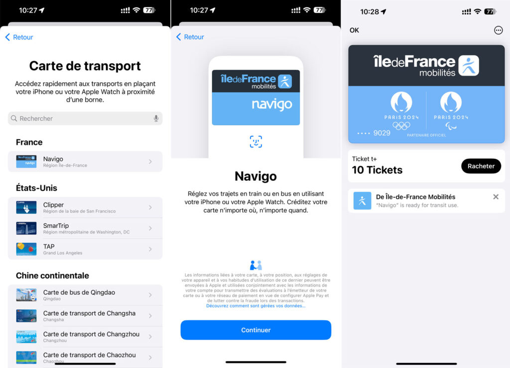 La création d’un passe Navigo depuis Apple Cartes (on peut aussi le faire depuis Île-de-France Mobilités). La création d’un passe Navigo depuis Apple Cartes (on peut aussi le faire depuis Île-de-France Mobilités).