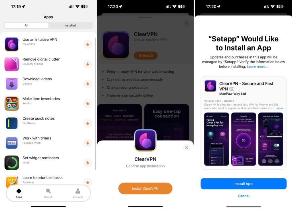 Quand on installe une application, on doit le faire deux fois. D'abord dans Setapp, ensuite dans le menu Apple. Quand on installe une application, on doit le faire deux fois. D'abord dans Setapp, ensuite dans le menu Apple.