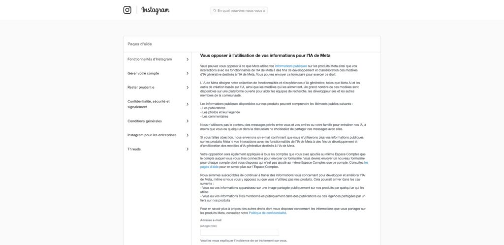 Le formulaire de refus de l'utilisation de vos données sur Instagram // Source : Capture Numerama Le formulaire de refus de l'utilisation de vos données sur Instagram // Source : Capture Numerama