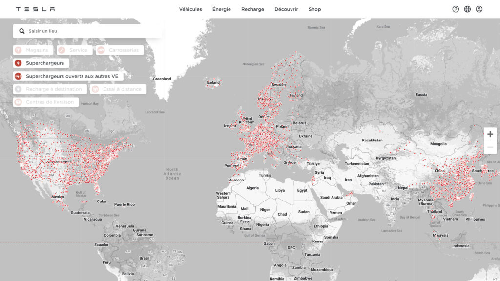 Développement du réseau Superchargeur Tesla // Source : Capture site Tesla Développement du réseau Superchargeur Tesla // Source : Capture site Tesla