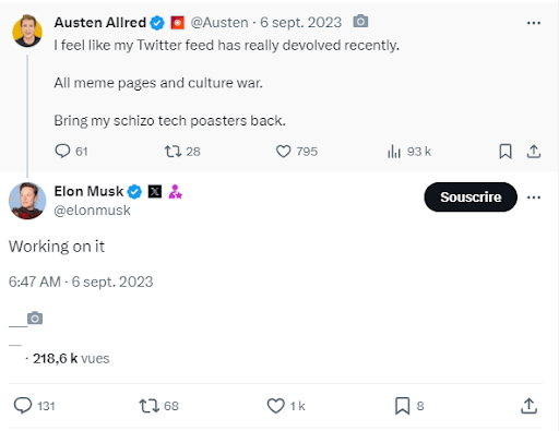 Un X'os témoignant d'une dégradation de son fil Twitter, envahi par des "pages de mèmes et des guerres culturelles" (traduction) // Source : Capture Numerama
Un X'os témoignant d'une dégradation de son fil Twitter, envahi par des "pages de mèmes et des guerres culturelles" (traduction) // Source : Capture Numerama