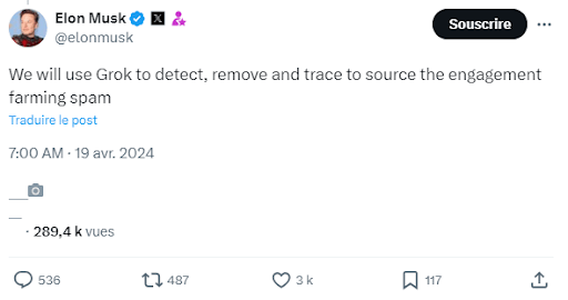 Elon Musk annonce dans un tweet lutter contre le spam d'engagement farming avec Grok // Source : Capture Numerama
Elon Musk annonce dans un tweet lutter contre le spam d'engagement farming avec Grok // Source : Capture Numerama