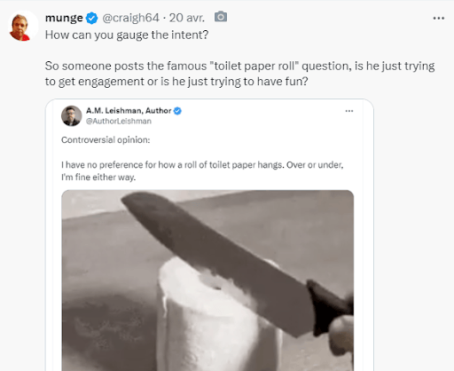 Un X'os remarque l'impossibilité de connaître l'intentionnalité des usagers et donc de distinguer l'engagement farming du shitposting désintéressé, à visée humoristique // Source : Capture Numerama
Un X'os remarque l'impossibilité de connaître l'intentionnalité des usagers et donc de distinguer l'engagement farming du shitposting désintéressé, à visée humoristique // Source : Capture Numerama
