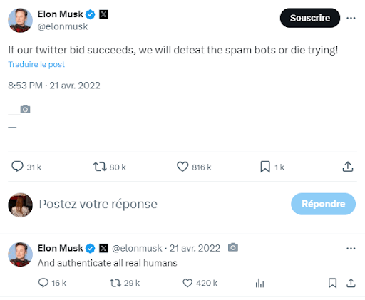 Elon Musk annonce qu'il vaincra les bots ou mourra en essayant s'il prend la tête de Twitter // Source : Capture Numerama Elon Musk annonce qu'il vaincra les bots ou mourra en essayant s'il prend la tête de Twitter // Source : Capture Numerama