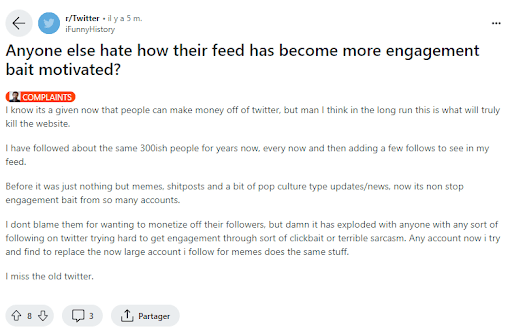 Usager de Reddit questionnant les autres membres sur leur expérience de l'engagement bait sur X, sur le forum "r/Twitter" // Source : Capture Numerama
Usager de Reddit questionnant les autres membres sur leur expérience de l'engagement bait sur X, sur le forum "r/Twitter" // Source : Capture Numerama