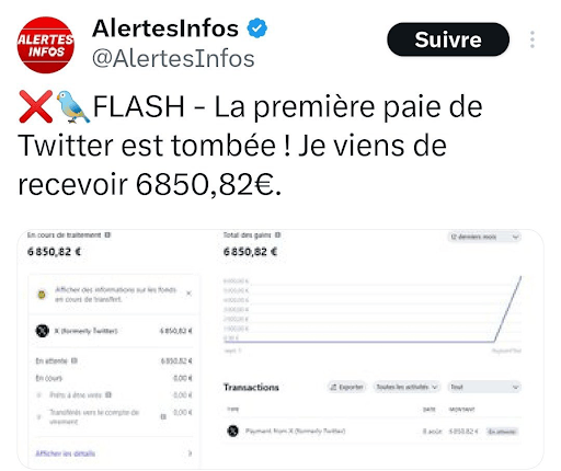 Le compte AlertesInfos affichant sa première paie // Source : Capture Numerama
Le compte AlertesInfos affichant sa première paie // Source : Capture Numerama