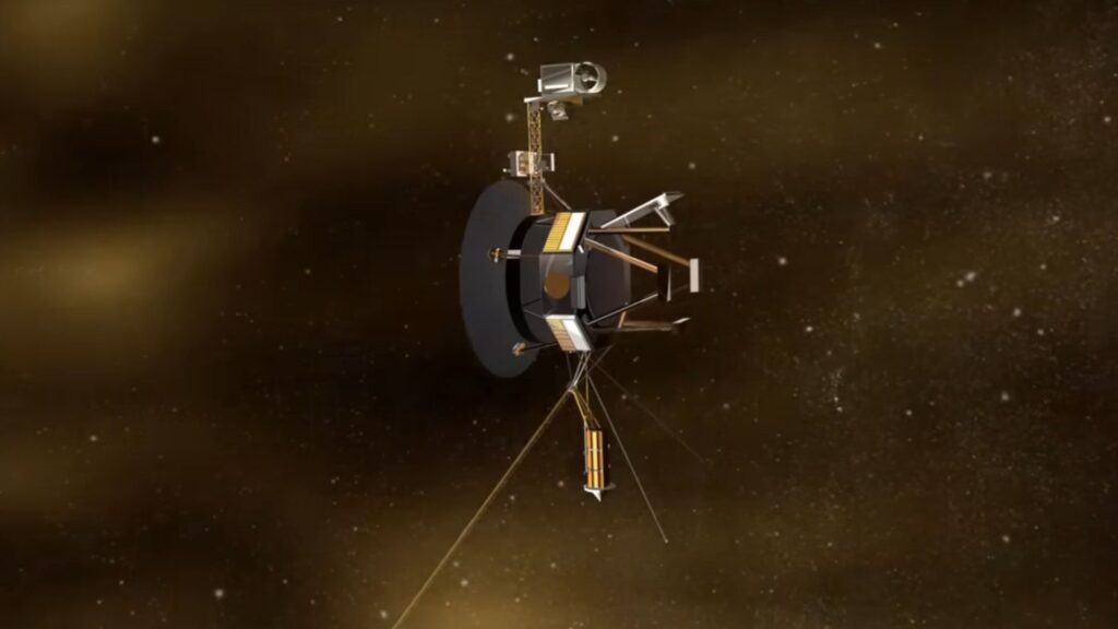 Vue d'artiste d'une sonde Voyager dans l'espace. // Source : Capture YouTube Nasa JPL Vue d'artiste d'une sonde Voyager dans l'espace. // Source : Capture YouTube Nasa JPL