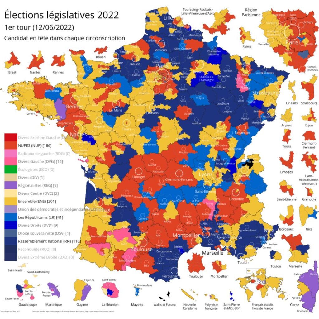 Les résultats par circonscriptions au premier tour des élections législatives en 2022. // Source : Data.gouv Les résultats par circonscriptions au premier tour des élections législatives en 2022. // Source : Data.gouv