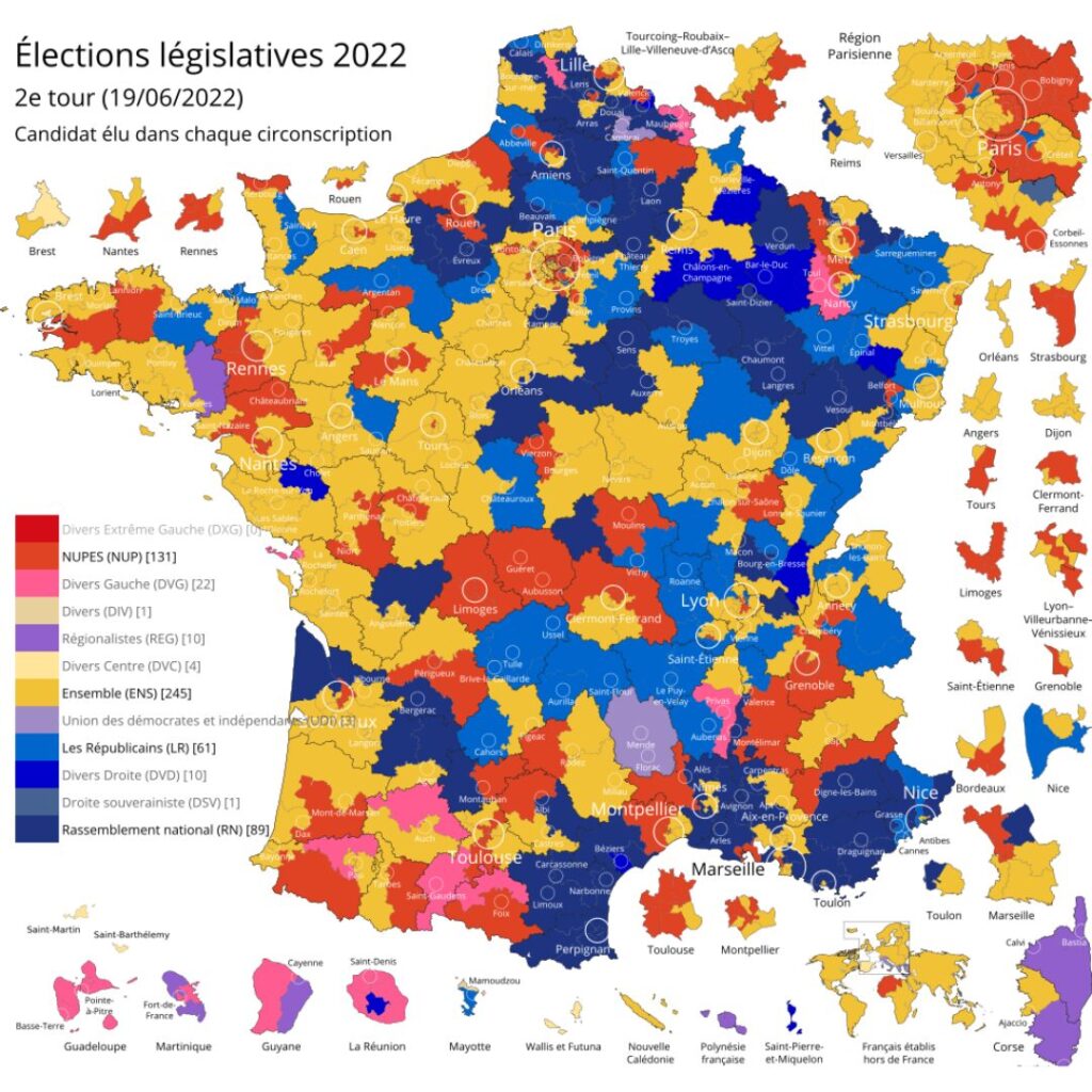 Les résultats par circonscriptions du second tour des élections législatives en 2022. // Source : Data.gouv Les résultats par circonscriptions du second tour des élections législatives en 2022. // Source : Data.gouv