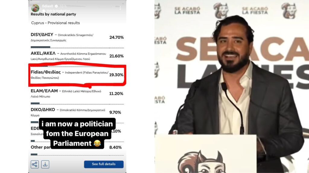La story Instagram de Fidias, annonçant sa victoire, et une capture d'écran du discours d'Alvise // Source : Captures d'écrans et montage Numerama La story Instagram de Fidias, annonçant sa victoire, et une capture d'écran du discours d'Alvise // Source : Captures d'écrans et montage Numerama