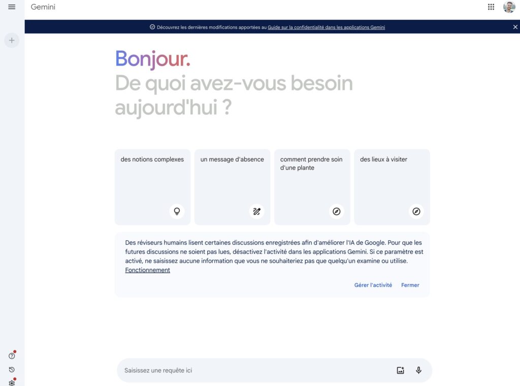 L'interface de Google Gemini ne devrait pas dépayser les utilisateurs de ChatGPT. // Source : Numerama L'interface de Google Gemini ne devrait pas dépayser les utilisateurs de ChatGPT. // Source : Numerama