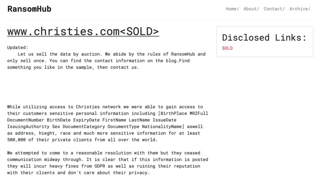 La revendication de la cyberattaque sur le site de RansomHub. // Source : Numerama La revendication de la cyberattaque sur le site de RansomHub. // Source : Numerama