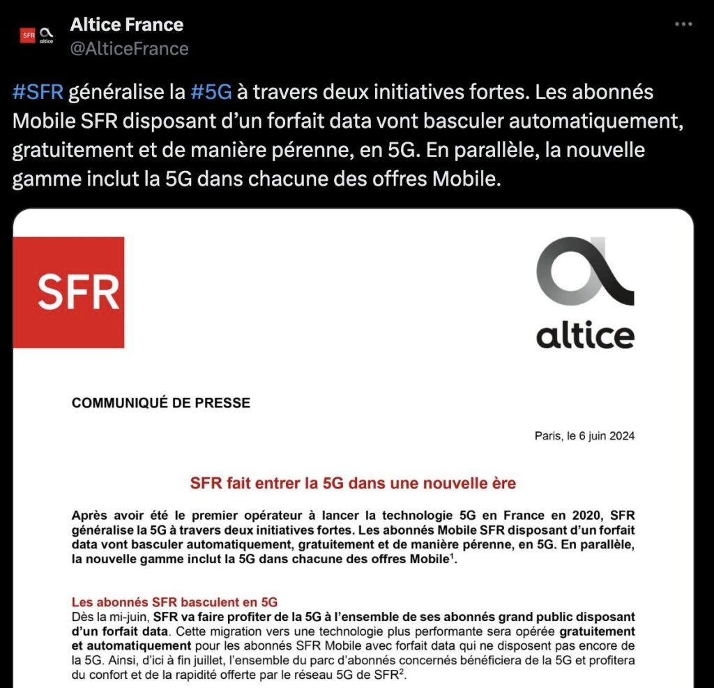 SFR a annoncé le basculement de tous ses abonnés vers la 5G dans un comminiqué de presse. SFR a annoncé le basculement de tous ses abonnés vers la 5G dans un comminiqué de presse.