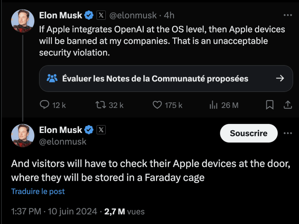Les tweets d'Elon Musk sur Apple Intelligence. // Source : X Les tweets d'Elon Musk sur Apple Intelligence. // Source : X