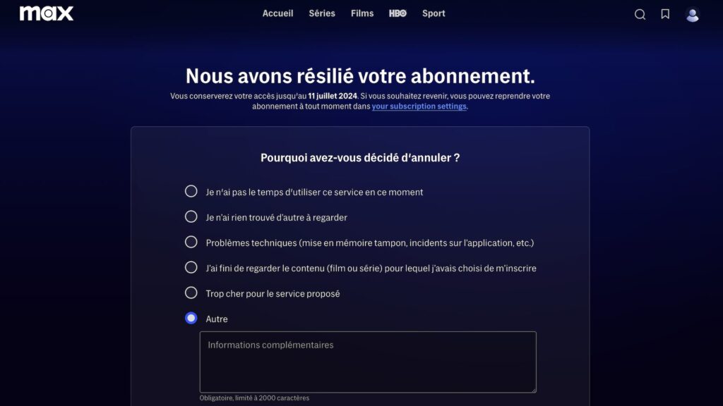 Résiliation de l'abonnement Max // Source : Capture d'écran Résiliation de l'abonnement Max // Source : Capture d'écran