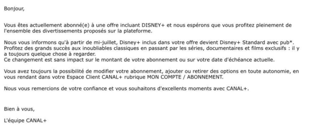 Le mail envoyé par Canal à certains abonnés, le 14 juin 2024 Le mail envoyé par Canal à certains abonnés, le 14 juin 2024