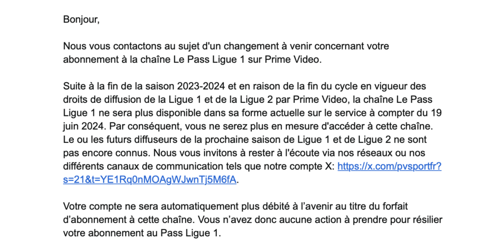 Le mail envoyé par Amazon à ses abonnés actuels.