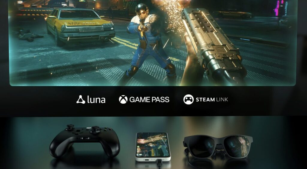 Xreal met en avant l'usage jeu vidéo de son appareil, en connectant une manette Bluetooth. Xreal met en avant l'usage jeu vidéo de son appareil, en connectant une manette Bluetooth.