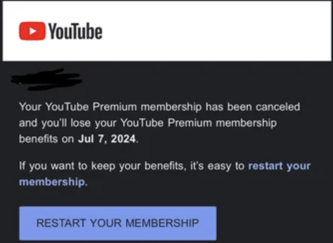 Le mail envoyé par YouTube à des clients abonnés depuis l'étranger. Le mail envoyé par YouTube à des clients abonnés depuis l'étranger.