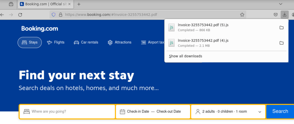 Le faux site de Booking avec le malware installé en pièce jointe. // Source : Check Point Le faux site de Booking avec le malware installé en pièce jointe. // Source : Check Point