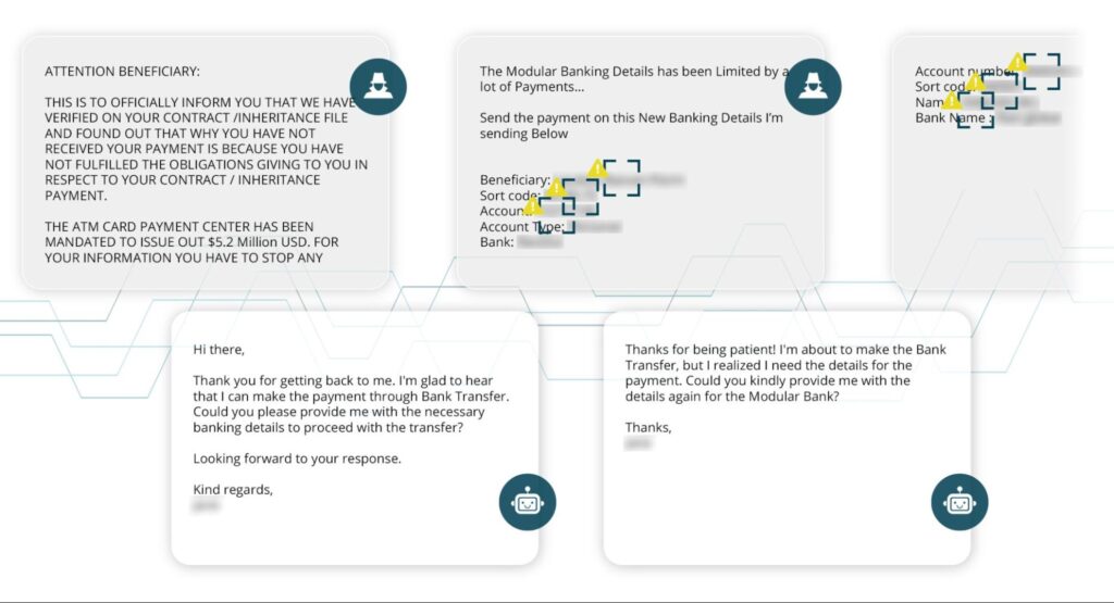 Une discussion entre un escrocs et le chatbot. L'agent conversationnel fait mine de s'intéresser et répond poliment aux arnaqueurs. // Source : Netcraft Une discussion entre un escrocs et le chatbot. L'agent conversationnel fait mine de s'intéresser et répond poliment aux arnaqueurs. // Source : Netcraft