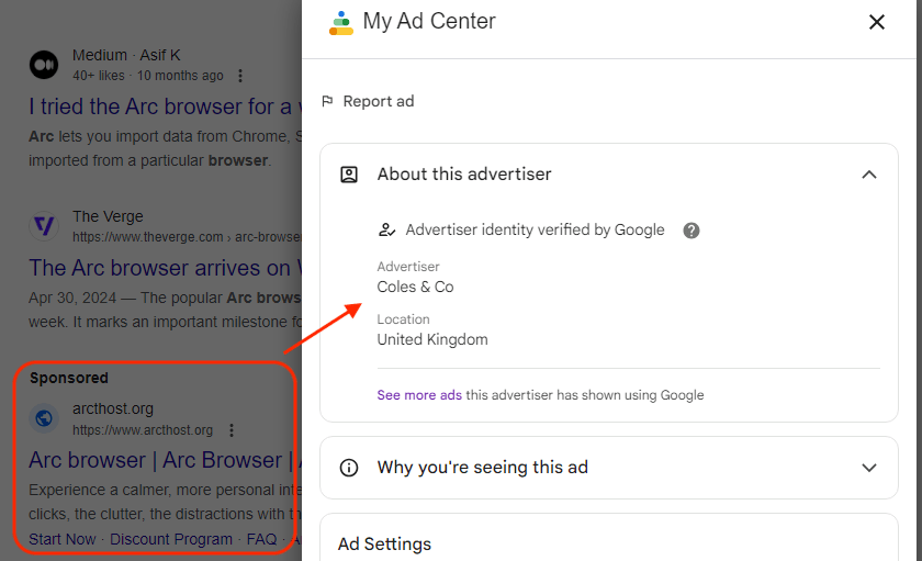 Une fausse pub pour Arc sur Google. // Source : MalwareBytes