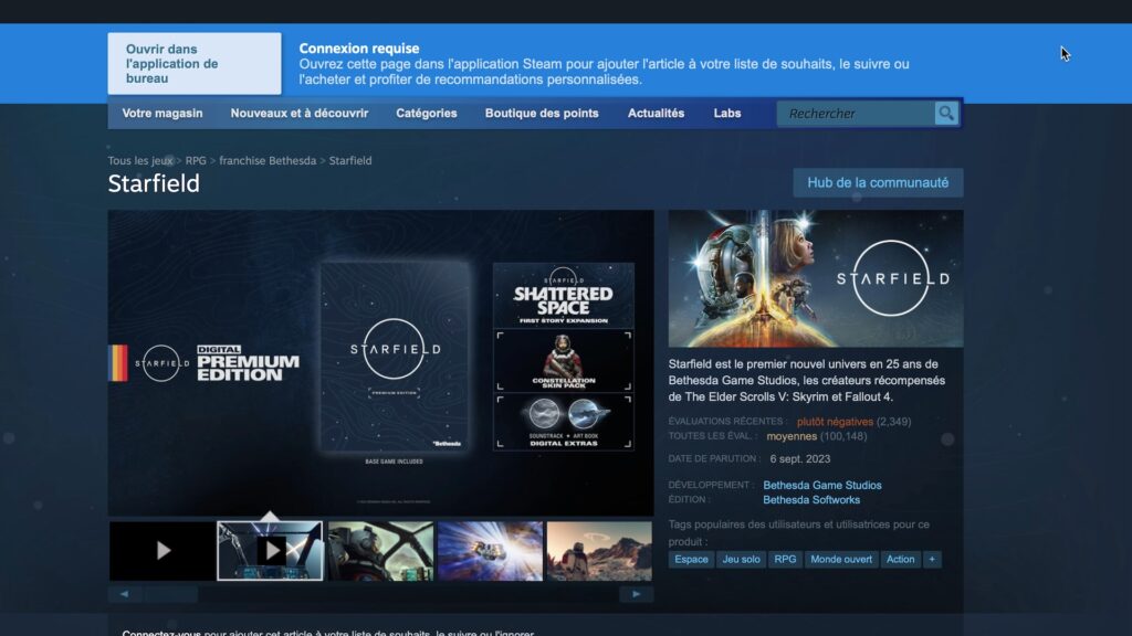 La page Steam de Starfield // Source : Capture d'écran La page Steam de Starfield // Source : Capture d'écran