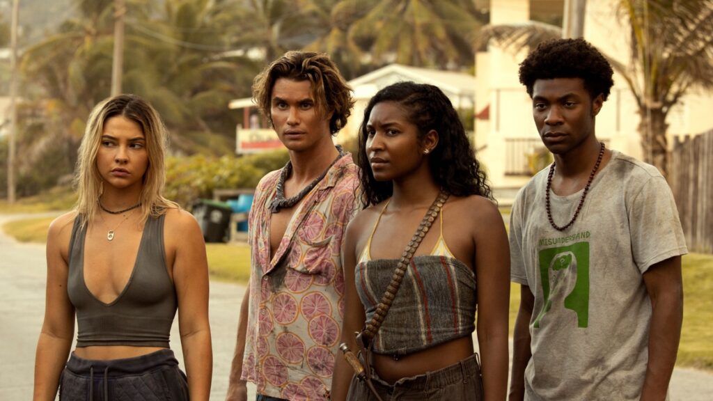 Sarah, Booker, Cleo et Pope dans la saison 3 d'Outer Banks. // Source : Netflix Sarah, Booker, Cleo et Pope dans la saison 3 d'Outer Banks. // Source : Netflix